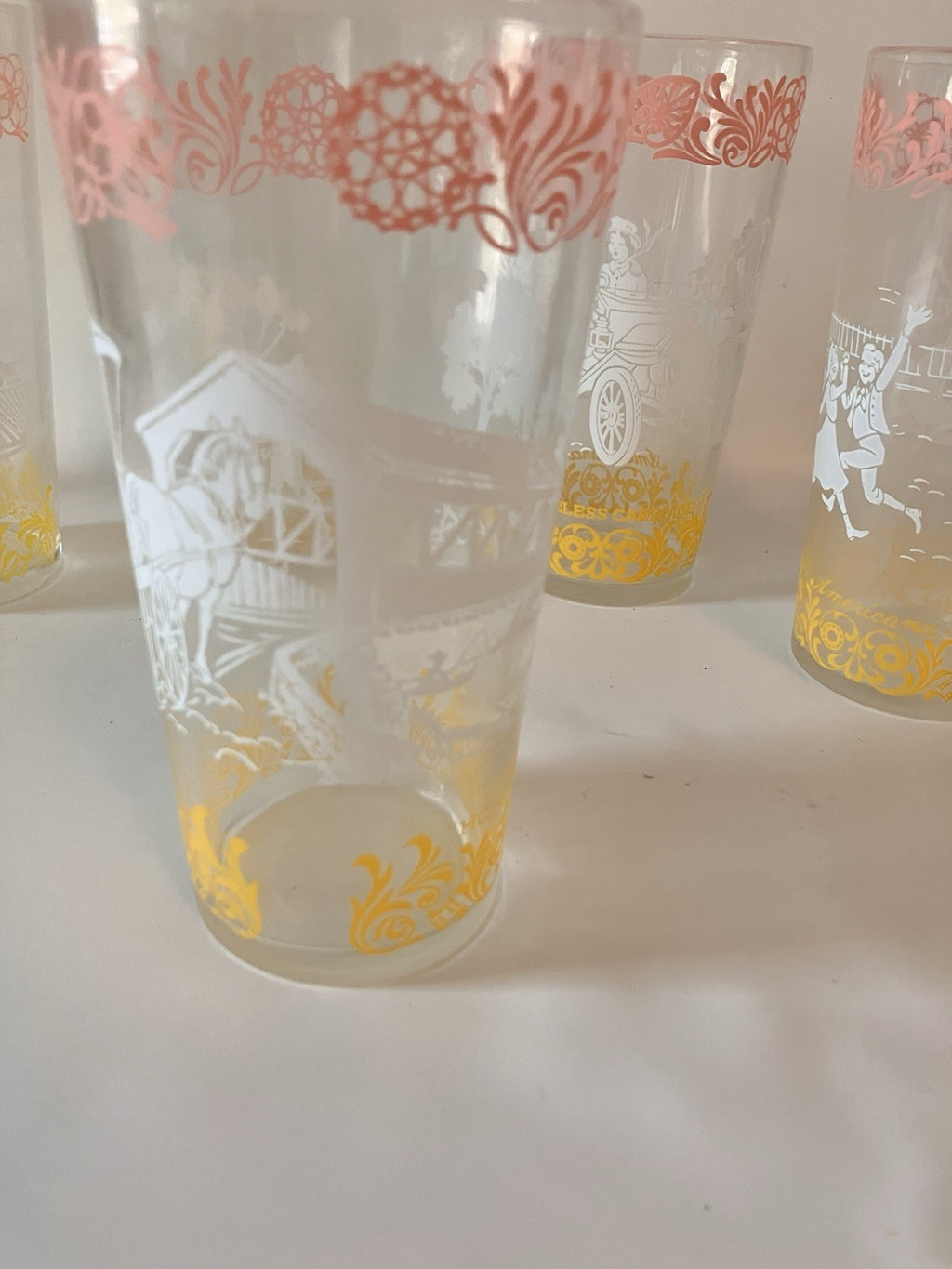 Vintage/MCM  Hazel Atlas Americana Glasses White, Pink And Yellow, Set Of 5