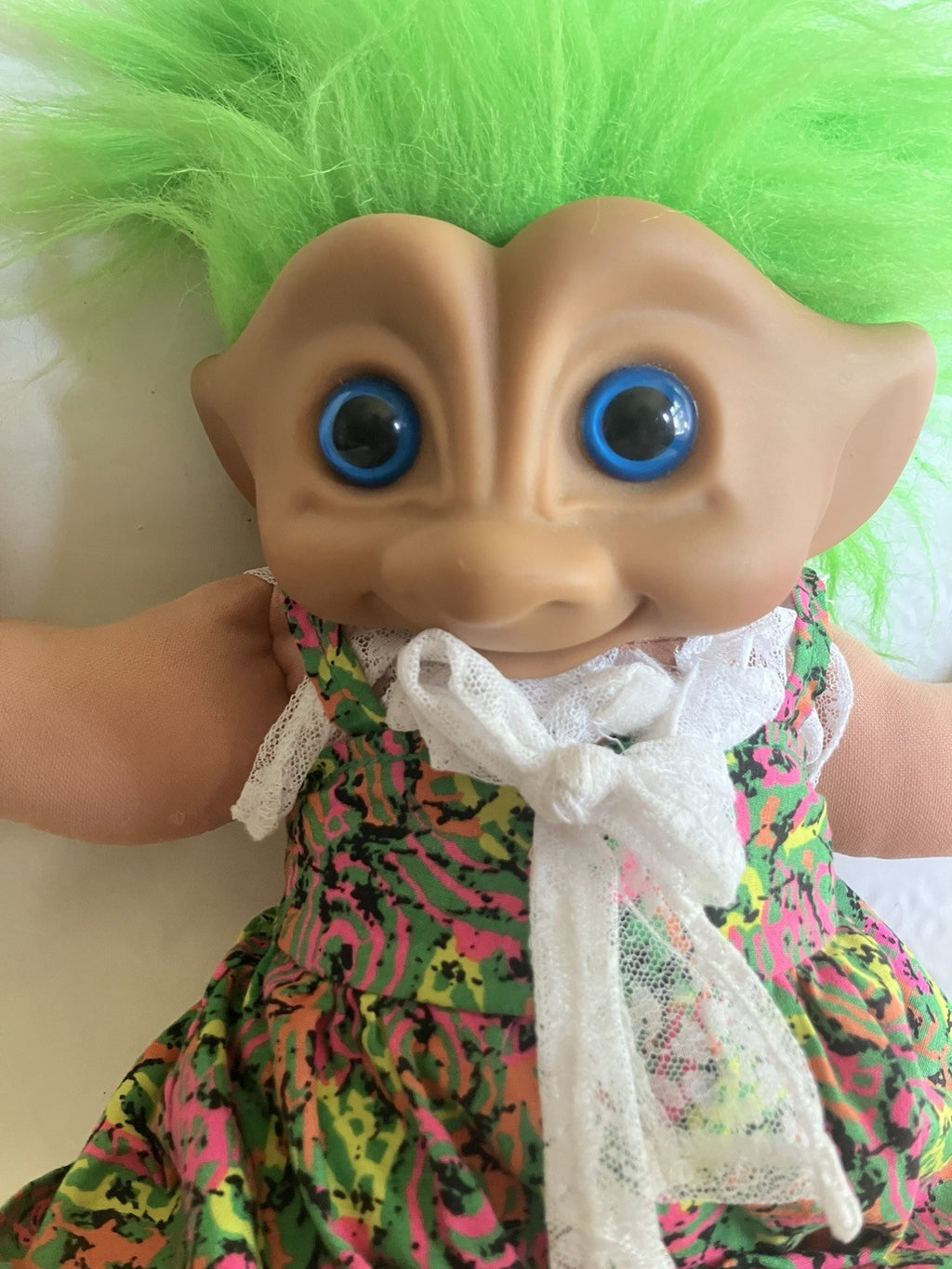 Vintage Large Plush Troll Treasure Doll With Green Hair &Jewel/Acid Wash Outfit