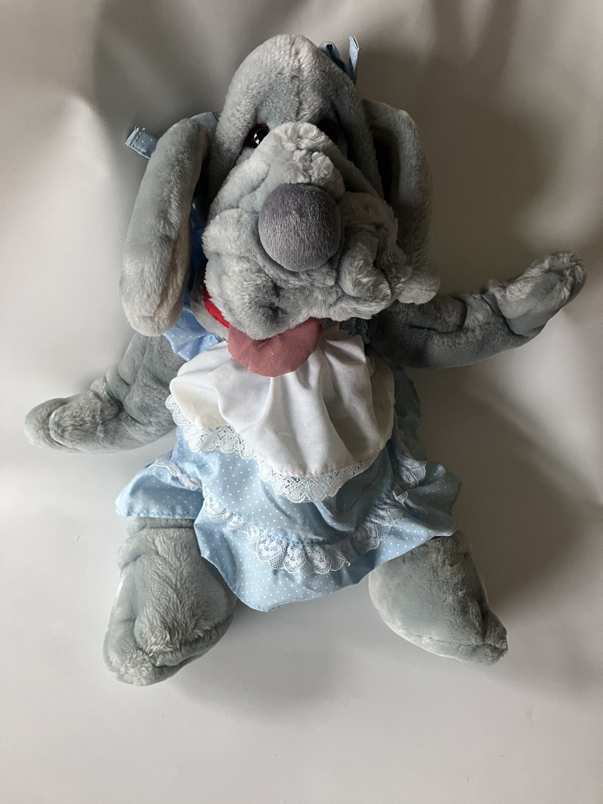 Vintage Ganz Bros Wrinkles The Dog Puppet With Blue Dress EVC
