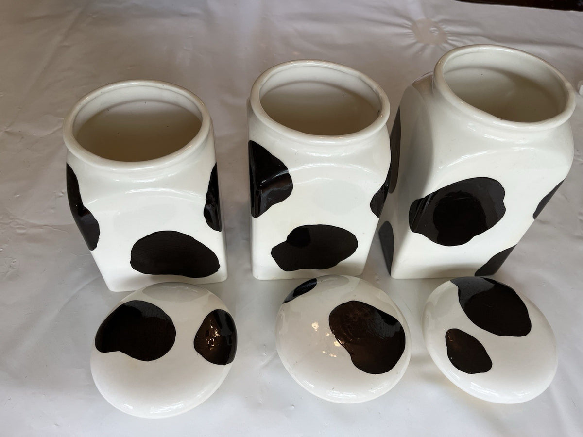 Vintage Country Keepsakes Square Cow Print Canister Set Of 3 W/ Rubber Seal Lids