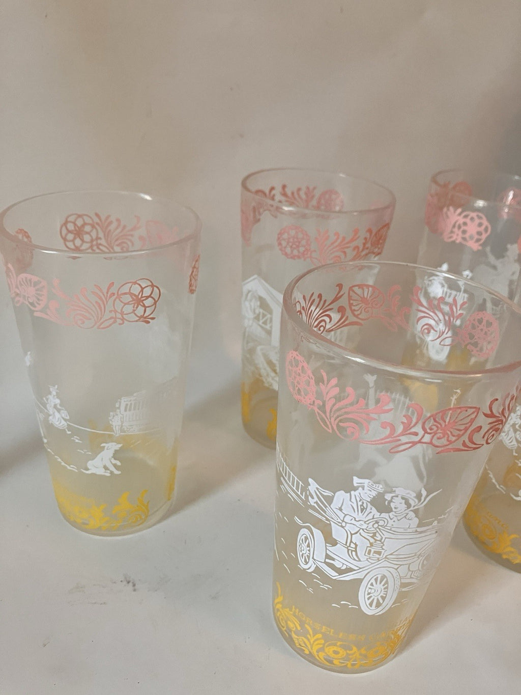 Vintage/MCM  Hazel Atlas Americana Glasses White, Pink And Yellow, Set Of 5