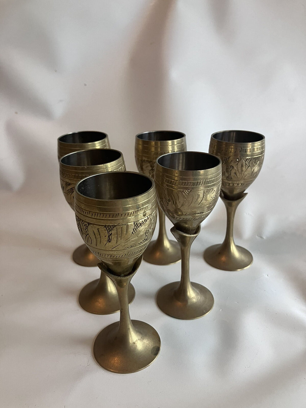 Vintage S/4 Solid Brass Goblets Tulip Stem, Etched Design