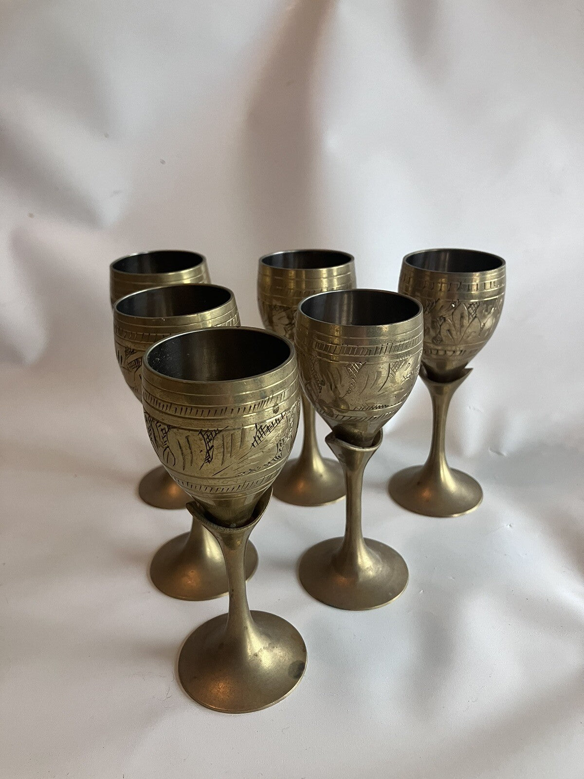 Vintage S/4 Solid Brass Goblets Tulip Stem, Etched Design