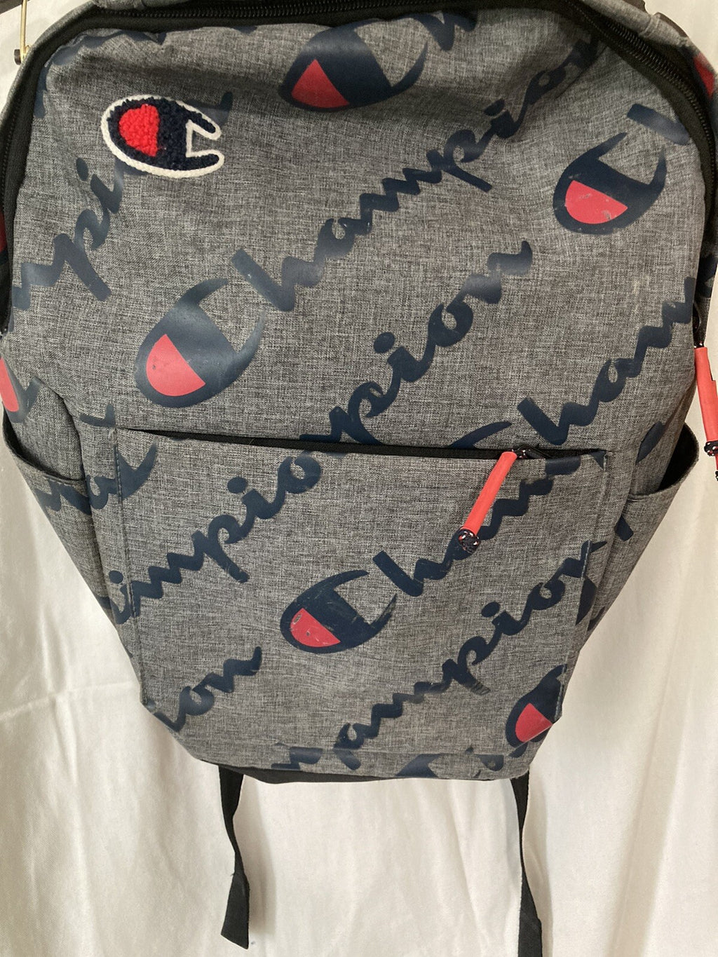 Unisex Champion Grey Back Pack with Navy/Red Logo.