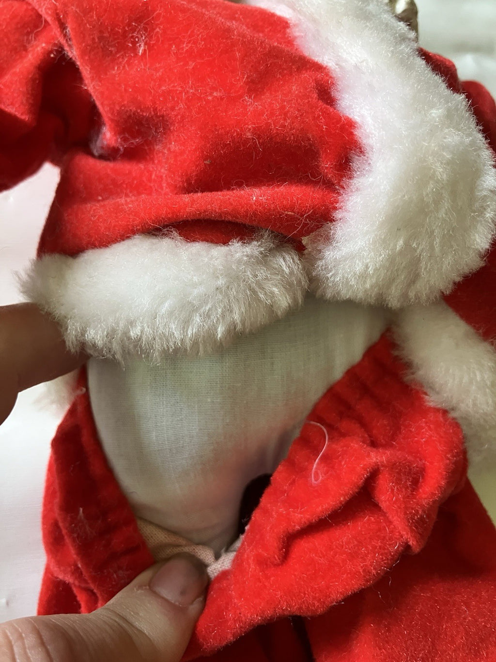 Vintage/MCM 13” Porcelain Stuffed Santa Clause With Velvet And Trimmed Suit