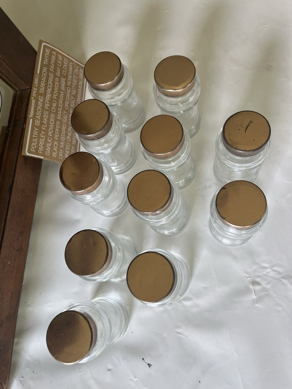 Vintage “Spices” Wooden/ Glass Door 17”x14” 12 Spice Cabinet & 11 Jars/ Stickers