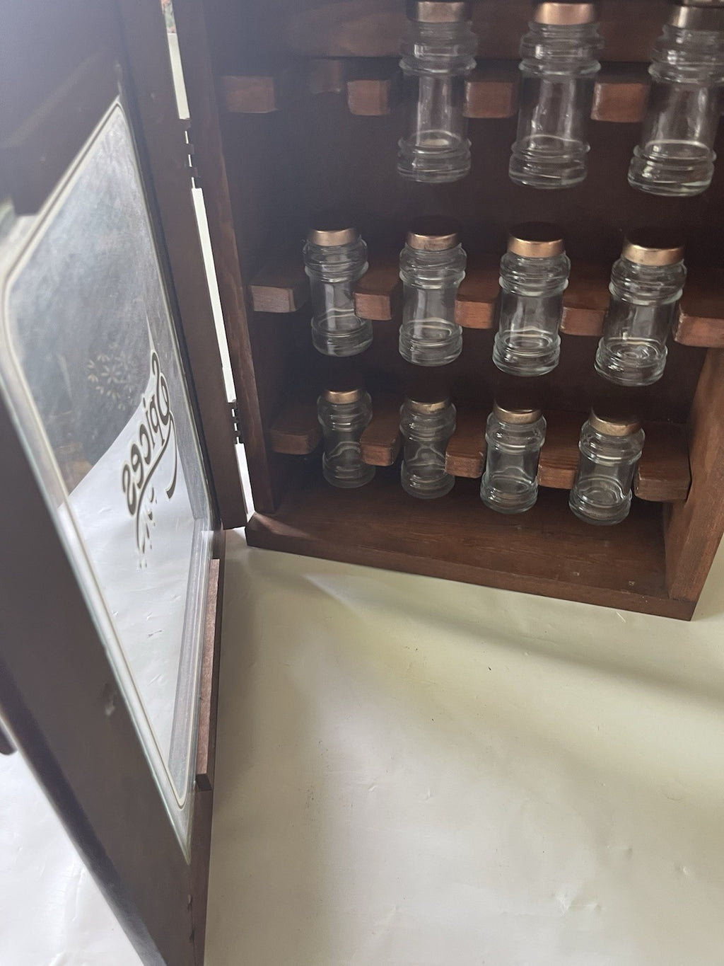 Vintage “Spices” Wooden/ Glass Door 17”x14” 12 Spice Cabinet & 11 Jars/ Stickers