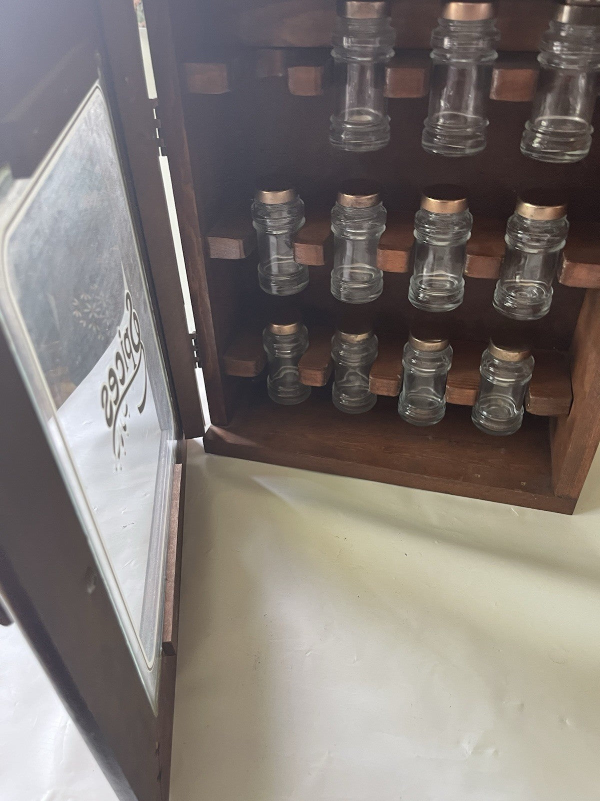Vintage “Spices” Wooden/ Glass Door 17”x14” 12 Spice Cabinet & 11 Jars/ Stickers