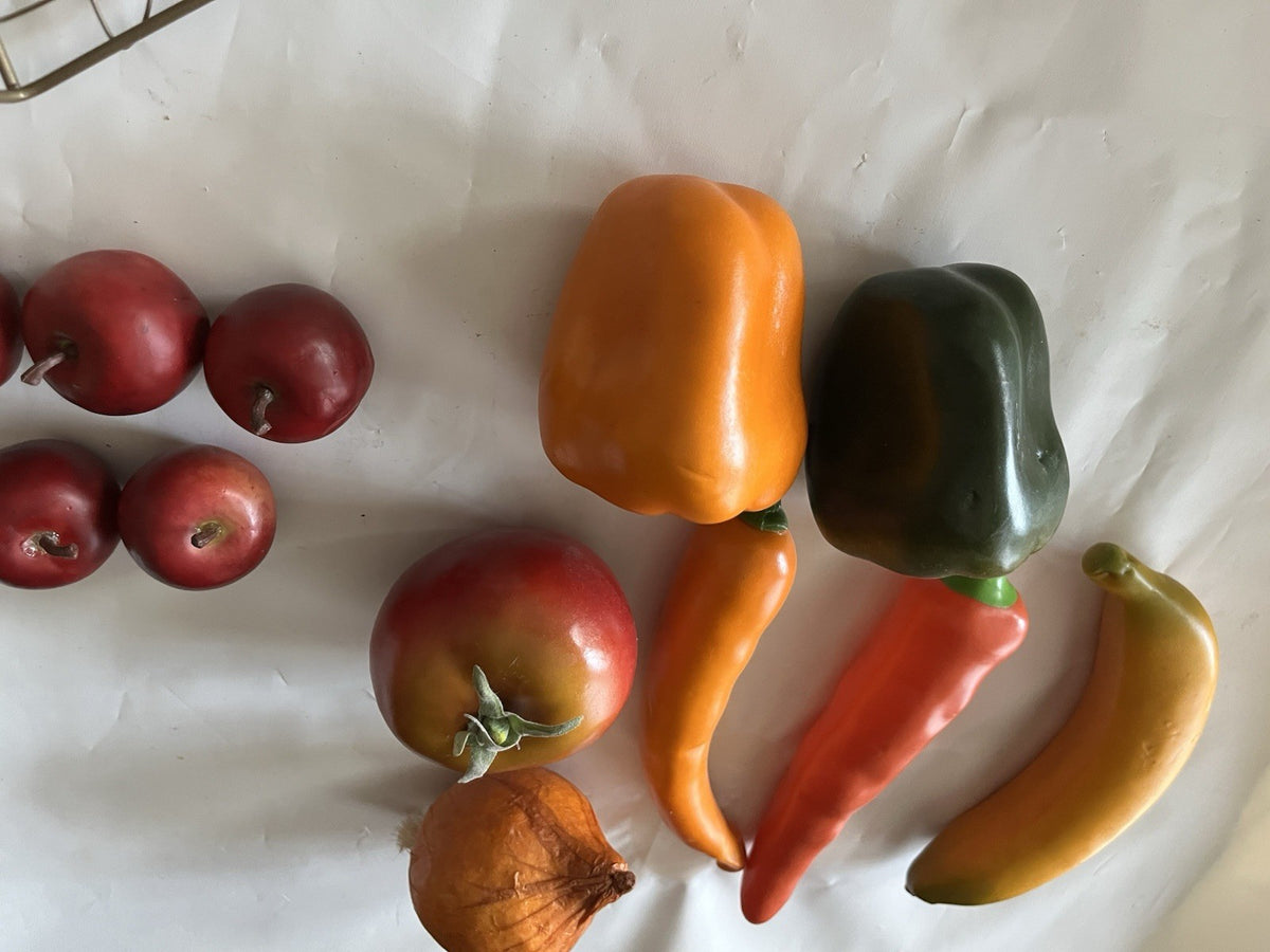 Vintage MCM Soft Faux Fruit & Vegetables In Wire 7x7x5” Basket