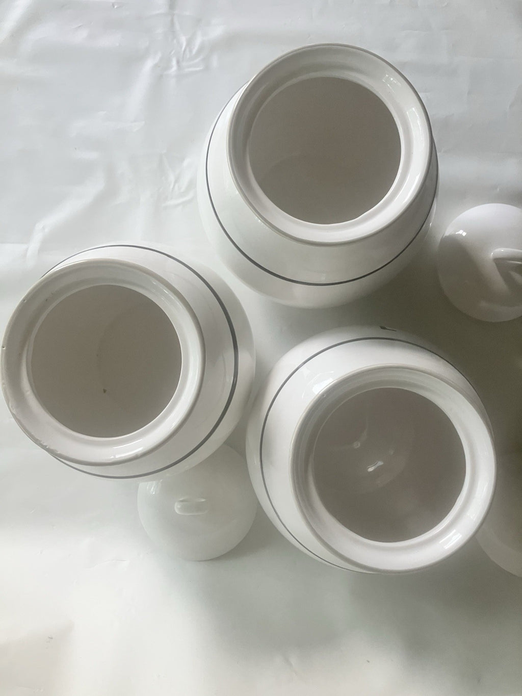 Large Ceramic Canister Set Of 3 Identical Sizes; 1, 2, 3 With Pinstripe On White