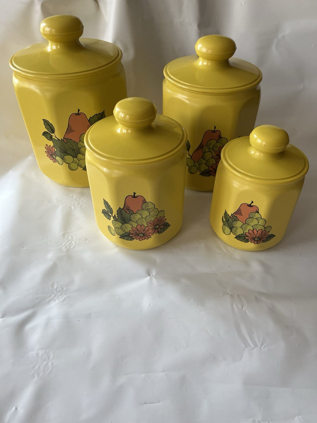 Vintage Kromex Faceted Aluminum 4 Canister Set Yellow Fruit Floral Plastic Lids