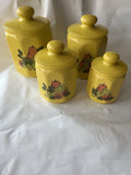 Vintage Kromex Faceted Aluminum 4 Canister Set Yellow Fruit Floral Plastic Lids