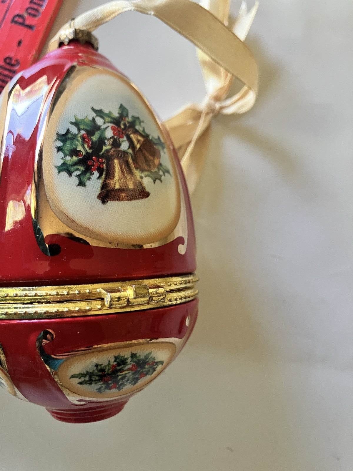 Vintage Christmas Musical Egg Ornament Red With Christmas Design; In Box