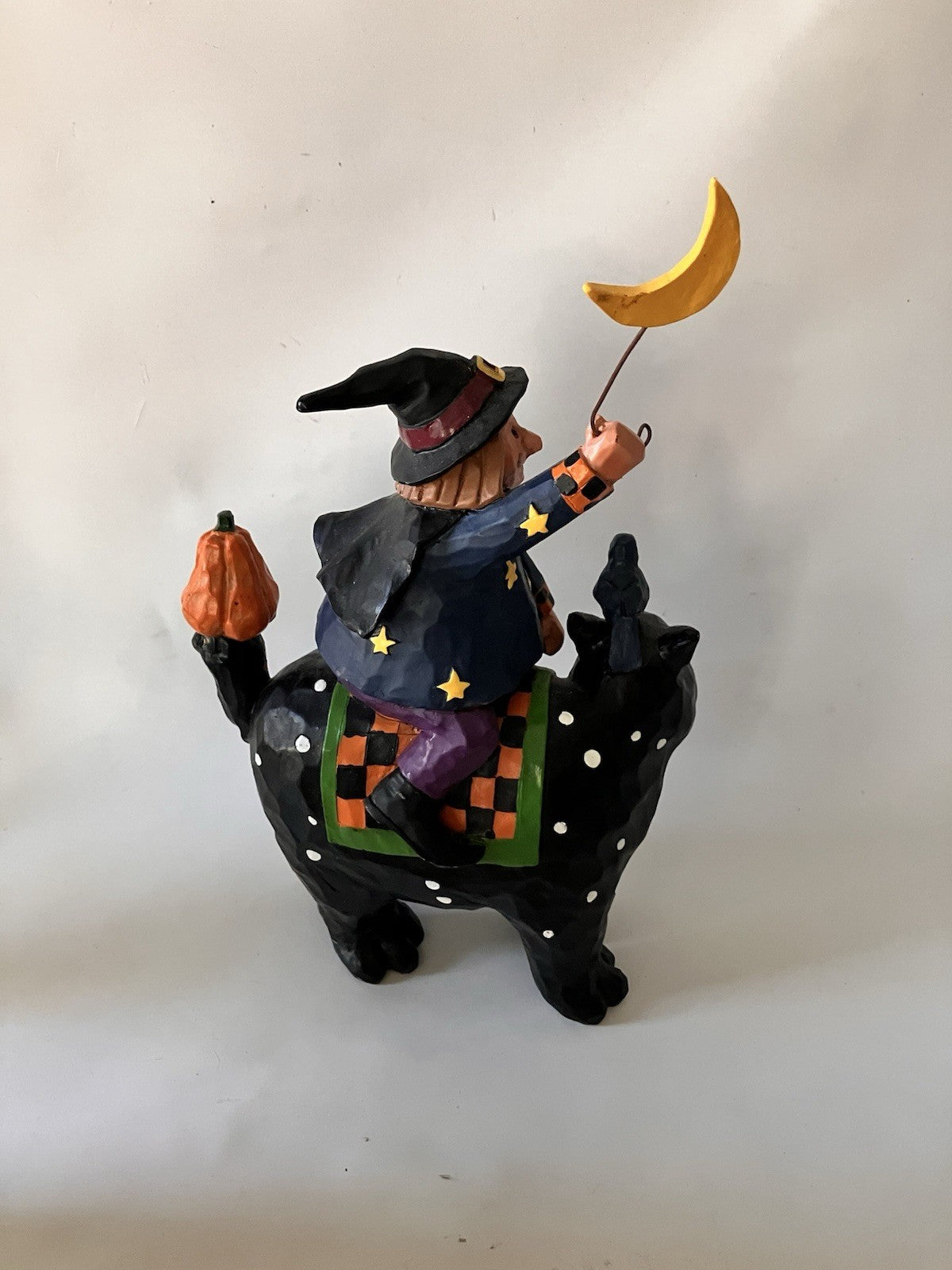 Vintage Halloween Witch Riding Black Cat W/ Moon & Pumpkin. Autumn Decor