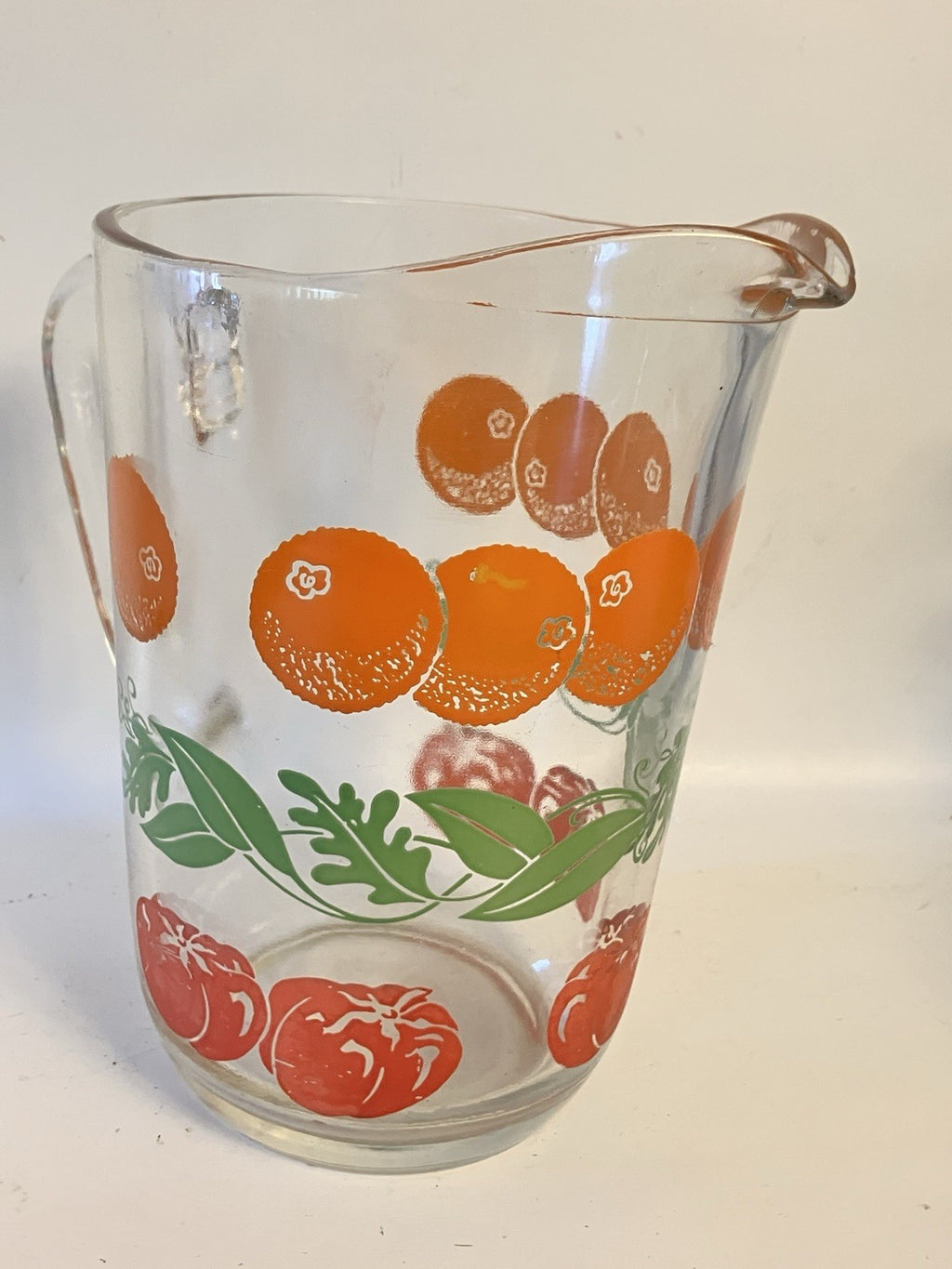 Vintage MCM Glass Juice Pitcher Fruit—Orange And Tomato From 1940-50’s. EVC.