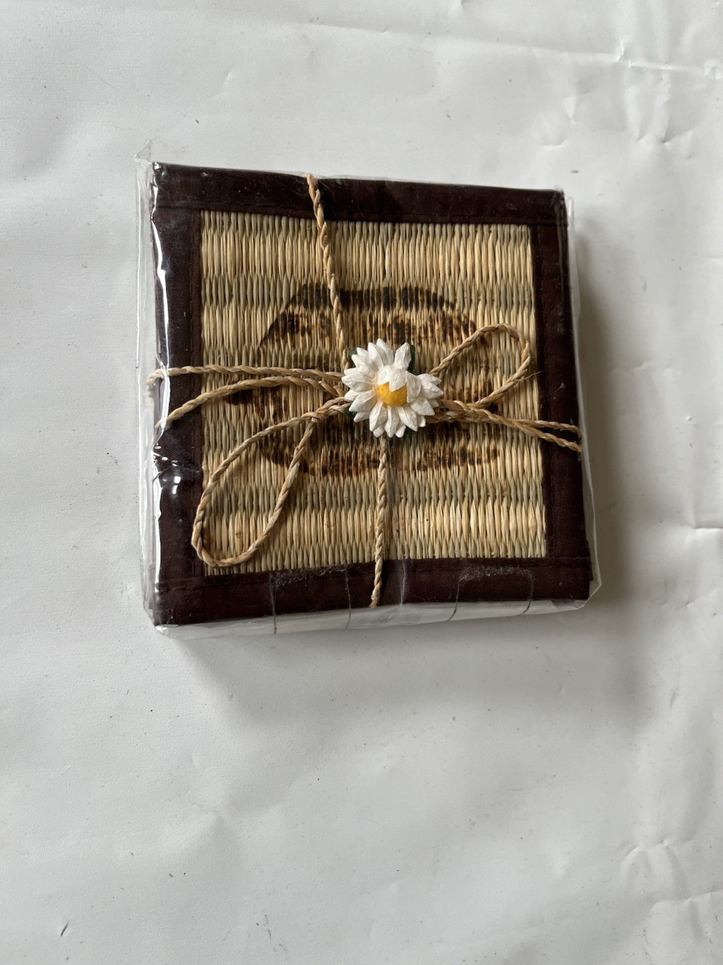 Vintage New/Wrapped Set Of 4 Vintage Coasters Weaved Bamboo Painted Design