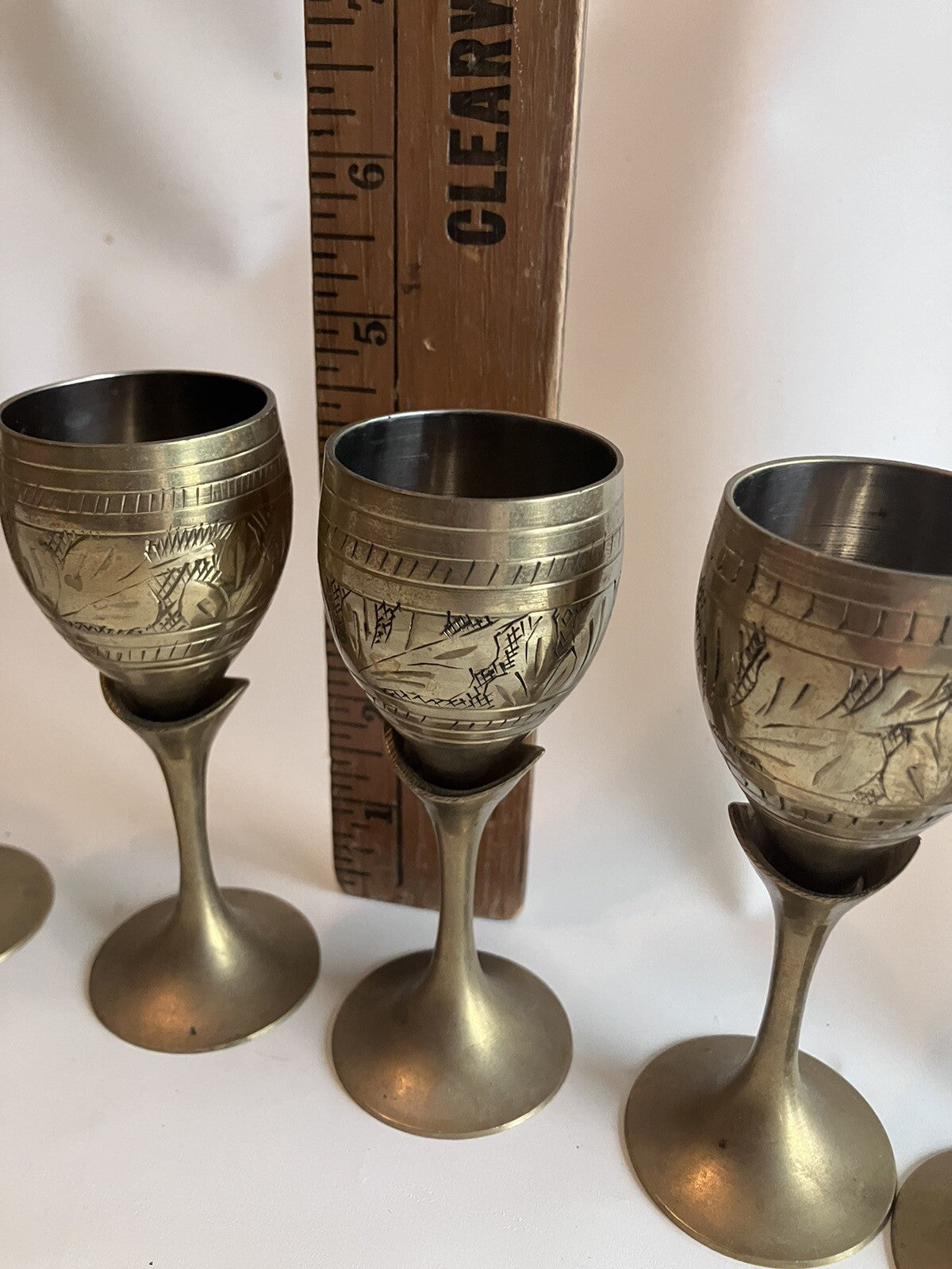 Vintage S/4 Solid Brass Goblets Tulip Stem, Etched Design