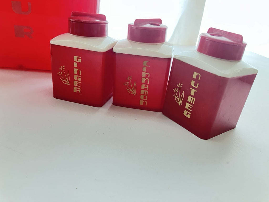 Vintage Red Lusterware Flour And Dupal Plastics Inc. Spices Lot 1950/Art Deco