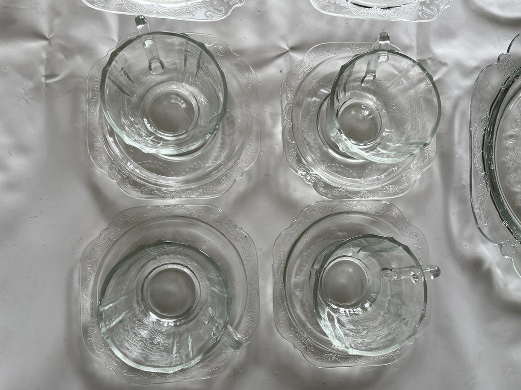 Federal Glass Clear Depression Etched Dinner Plates, Bowls, Cup/saucer 16 Piece