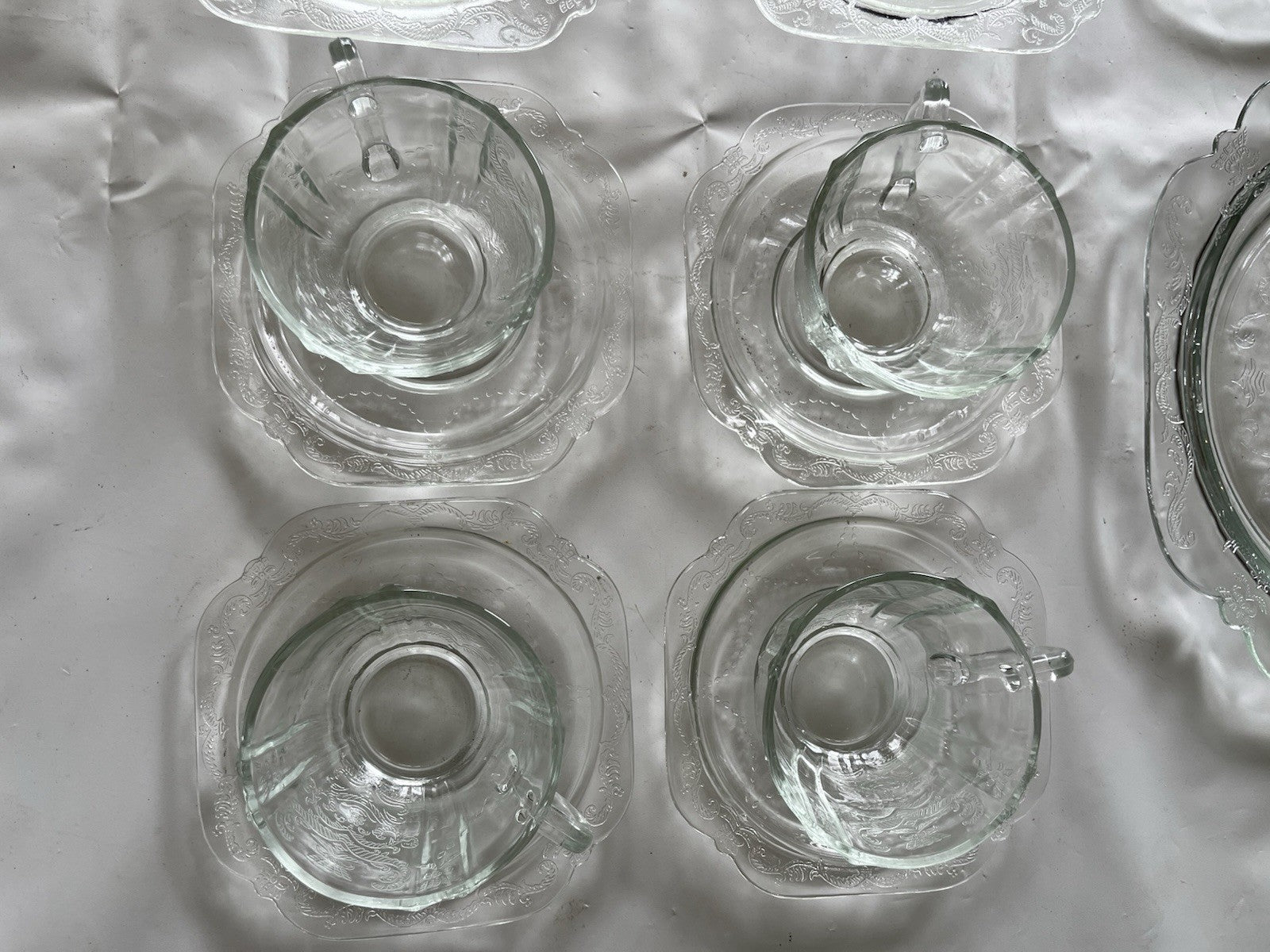 Federal Glass Clear Depression Etched Dinner Plates, Bowls, Cup/saucer 16 Piece