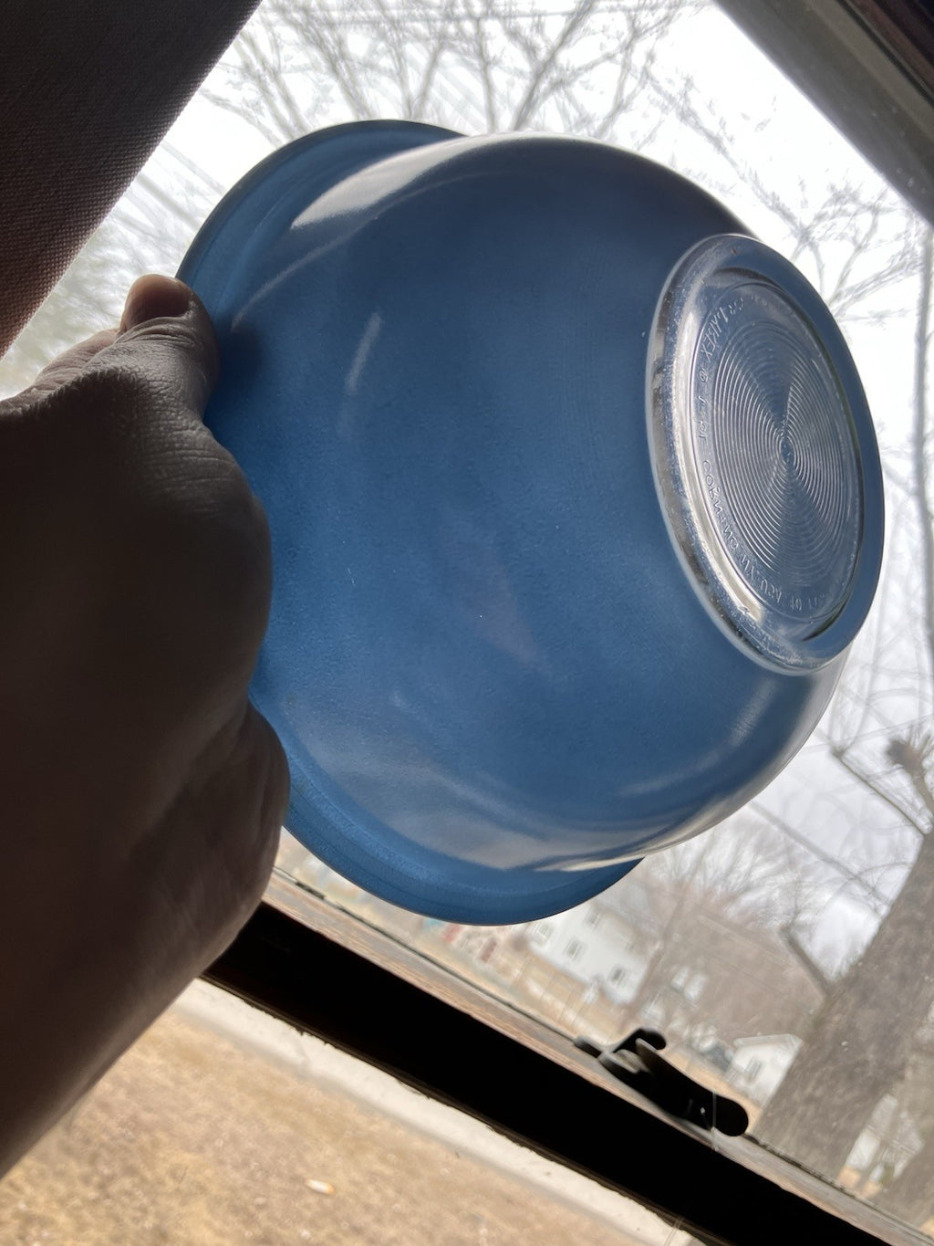 3 PYREX Clear Bottom Mixing Bowls-White #322, 323 And Blue #323