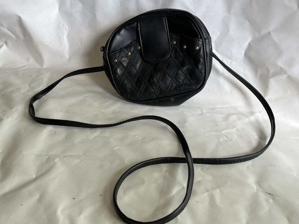 Vintage Black Leather Cross Body Purse With Gold Tone Studs