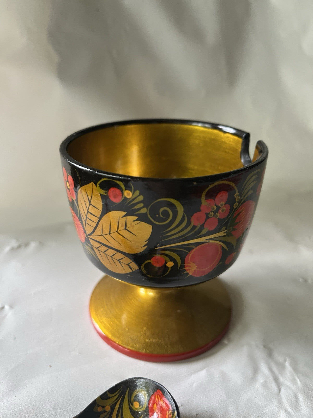 Russian Golden Khokhloma, Wooden Bowl & Spoon Set, Background painting, Folk-Art