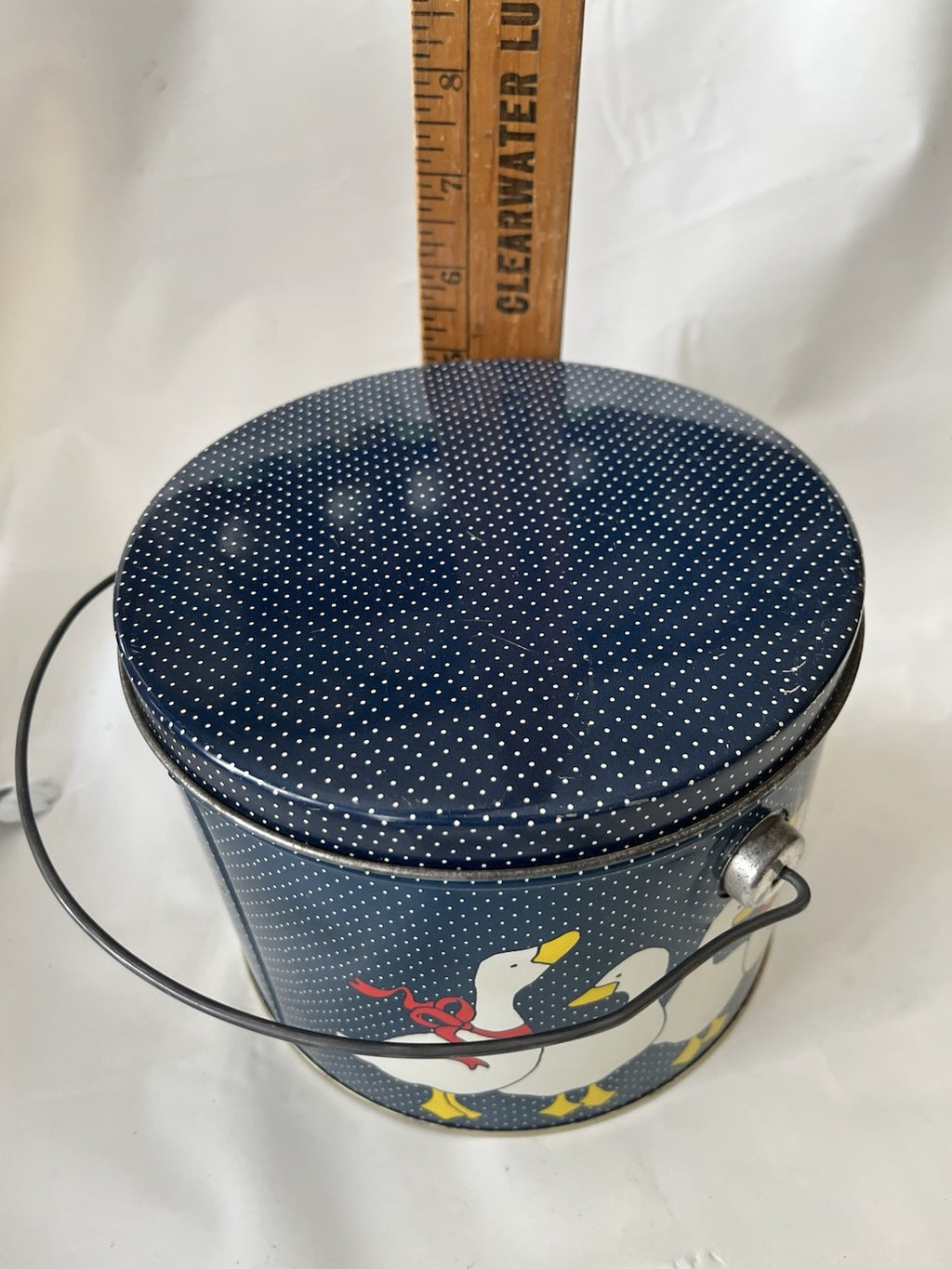 1990s Goose  Blue And White Polka Dot Tin With Lid And Handle