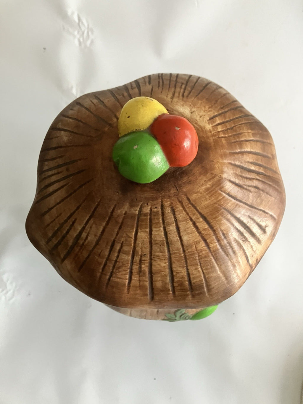Vtg 1970’s Arnel’s Mushroom  Porcelain Canister / Cookie Jar. Brn, Red, Grn Ylw