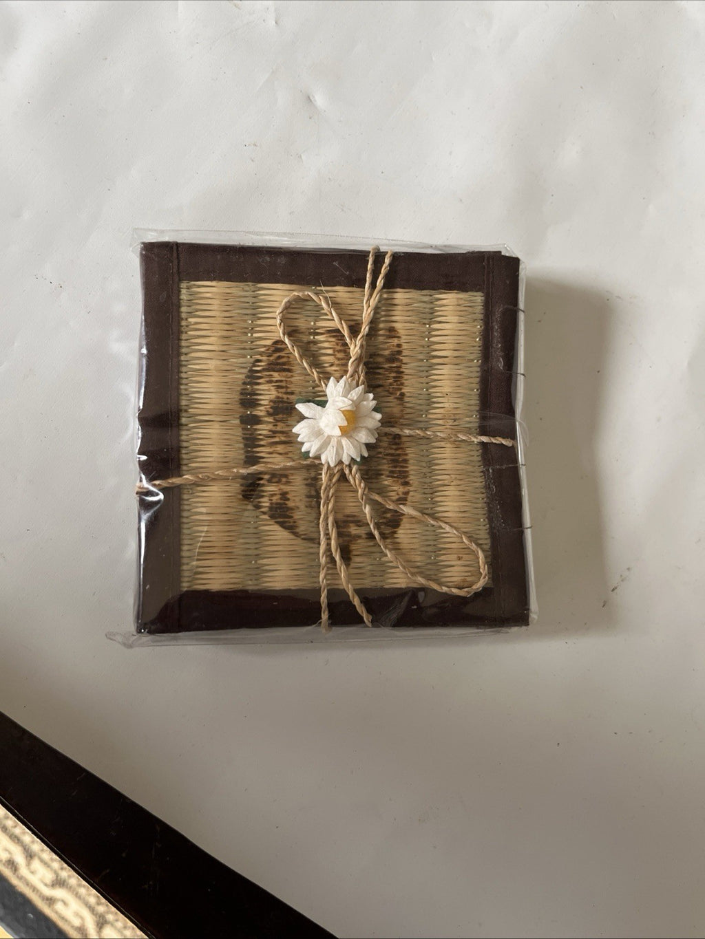 Vintage New/Wrapped Set Of 4 Vintage Coasters Weaved Bamboo Painted Design