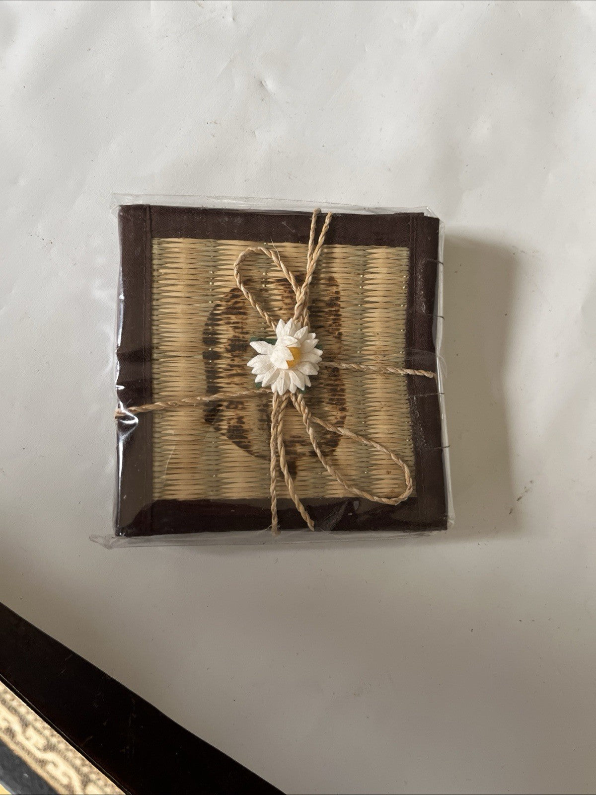 Vintage New/Wrapped Set Of 4 Vintage Coasters Weaved Bamboo Painted Design
