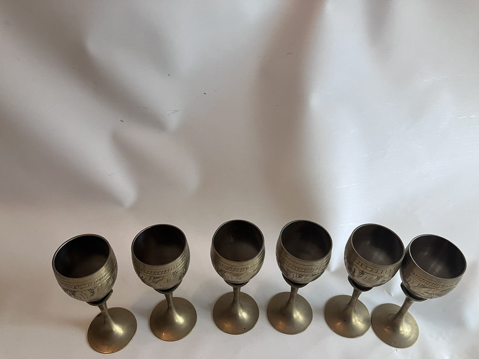 Vintage S/4 Solid Brass Goblets Tulip Stem, Etched Design