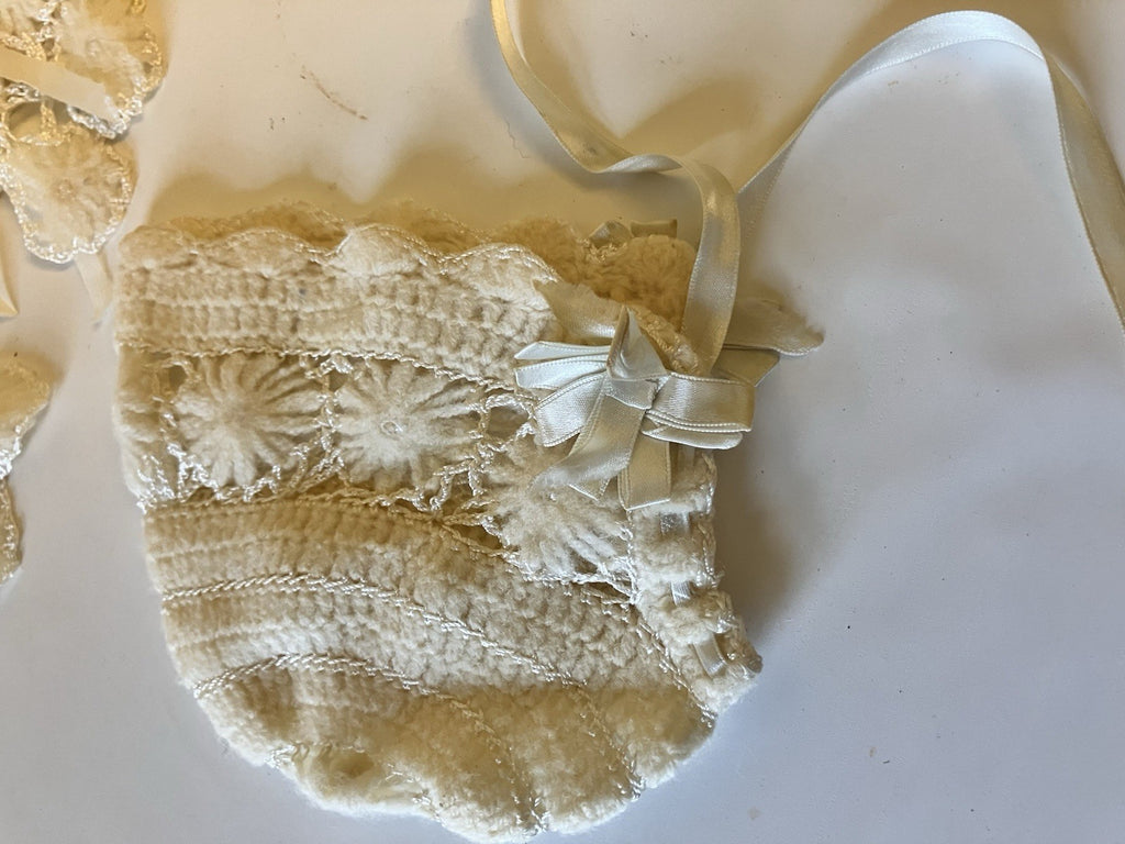 Vintage Newborn Baby Girl White Baptism Dress And Handmade Cardigan/Bonnet