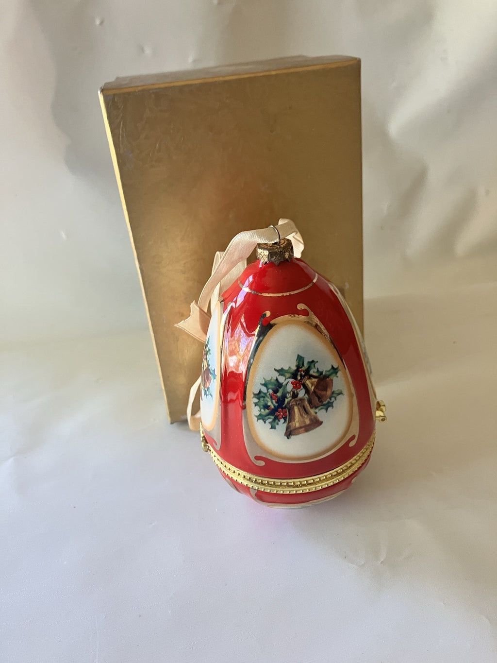 Vintage Christmas Musical Egg Ornament Red With Christmas Design; In Box