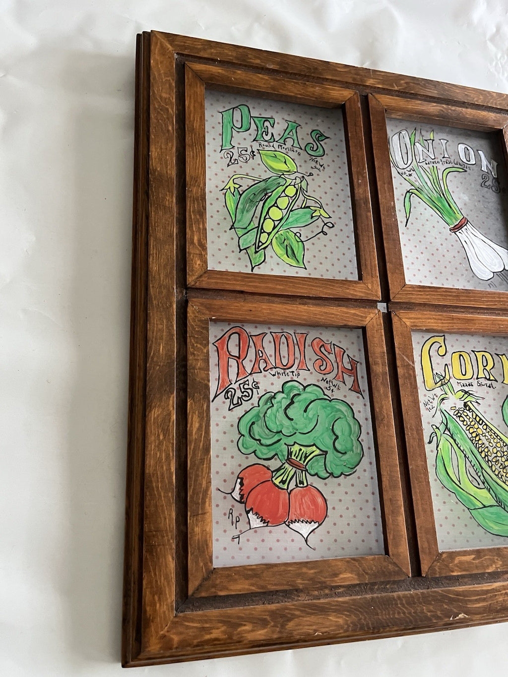 Vintage Vegetable Themed Kitchen Glass Panel Wall Mount Of Painted Vegetables