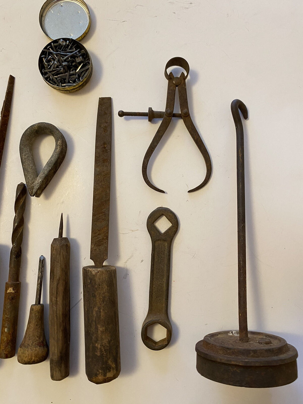 Lot of Vintage Tools Hand Made Handles/File/Knife Sharpener/Drill Bit/Wrench