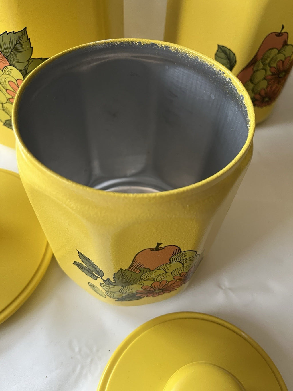 Vintage Kromex Faceted Aluminum 4 Canister Set Yellow Fruit Floral Plastic Lids