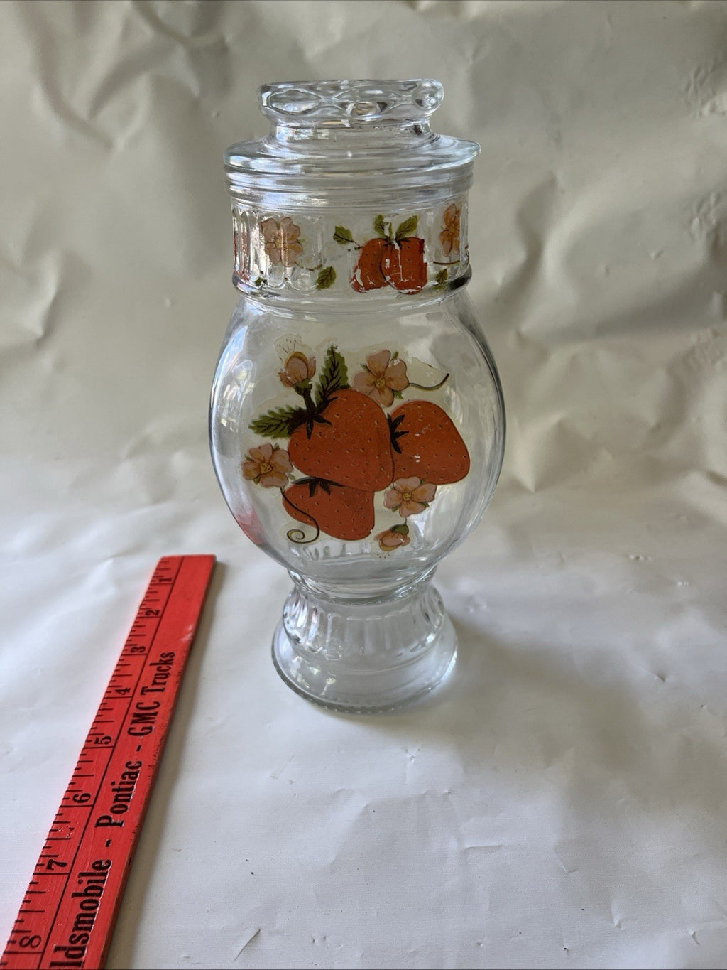 Vintage MCM 8” Tall Glass Jar With Strawberry Details And Lid