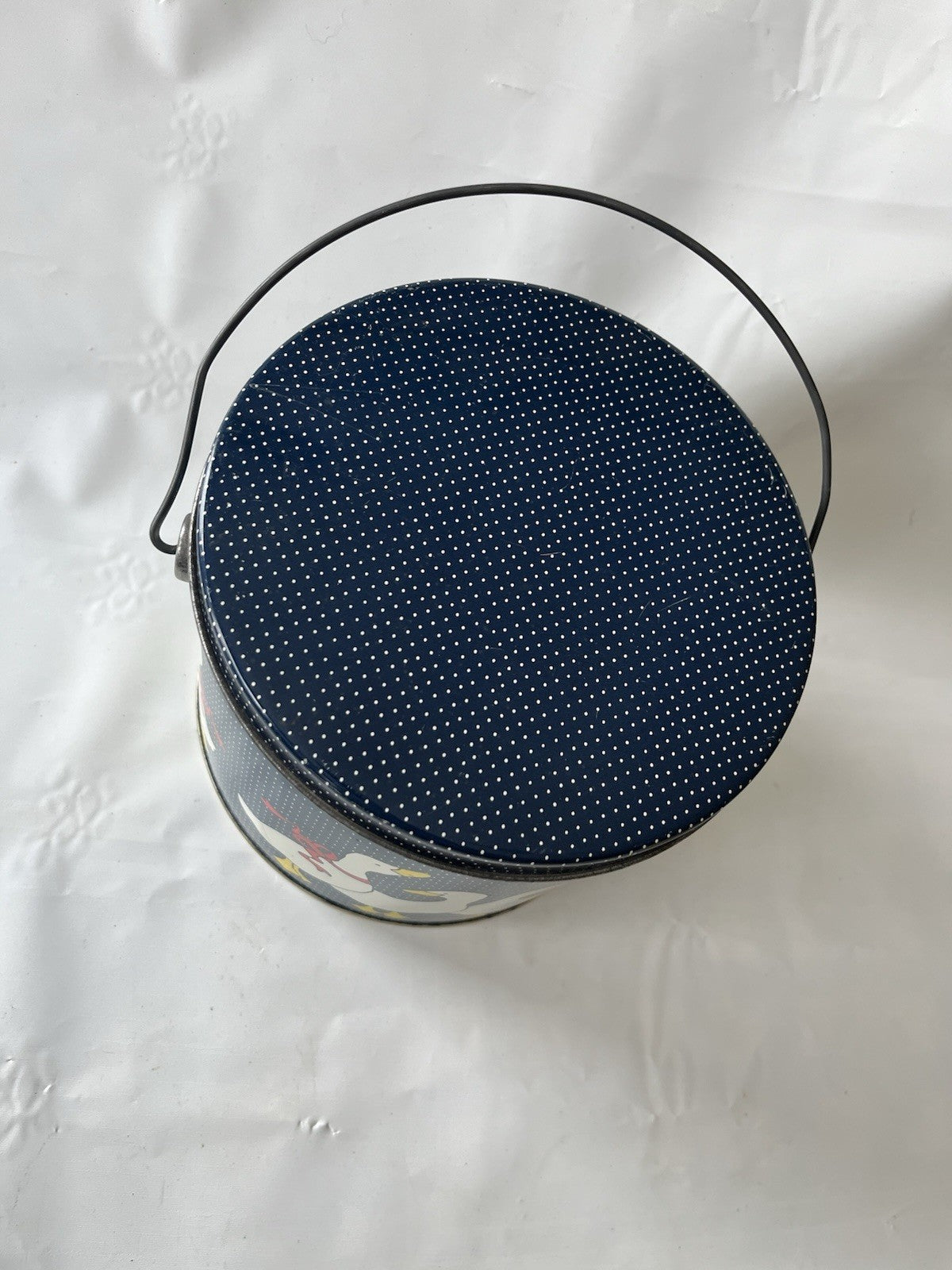 1990s Goose  Blue And White Polka Dot Tin With Lid And Handle