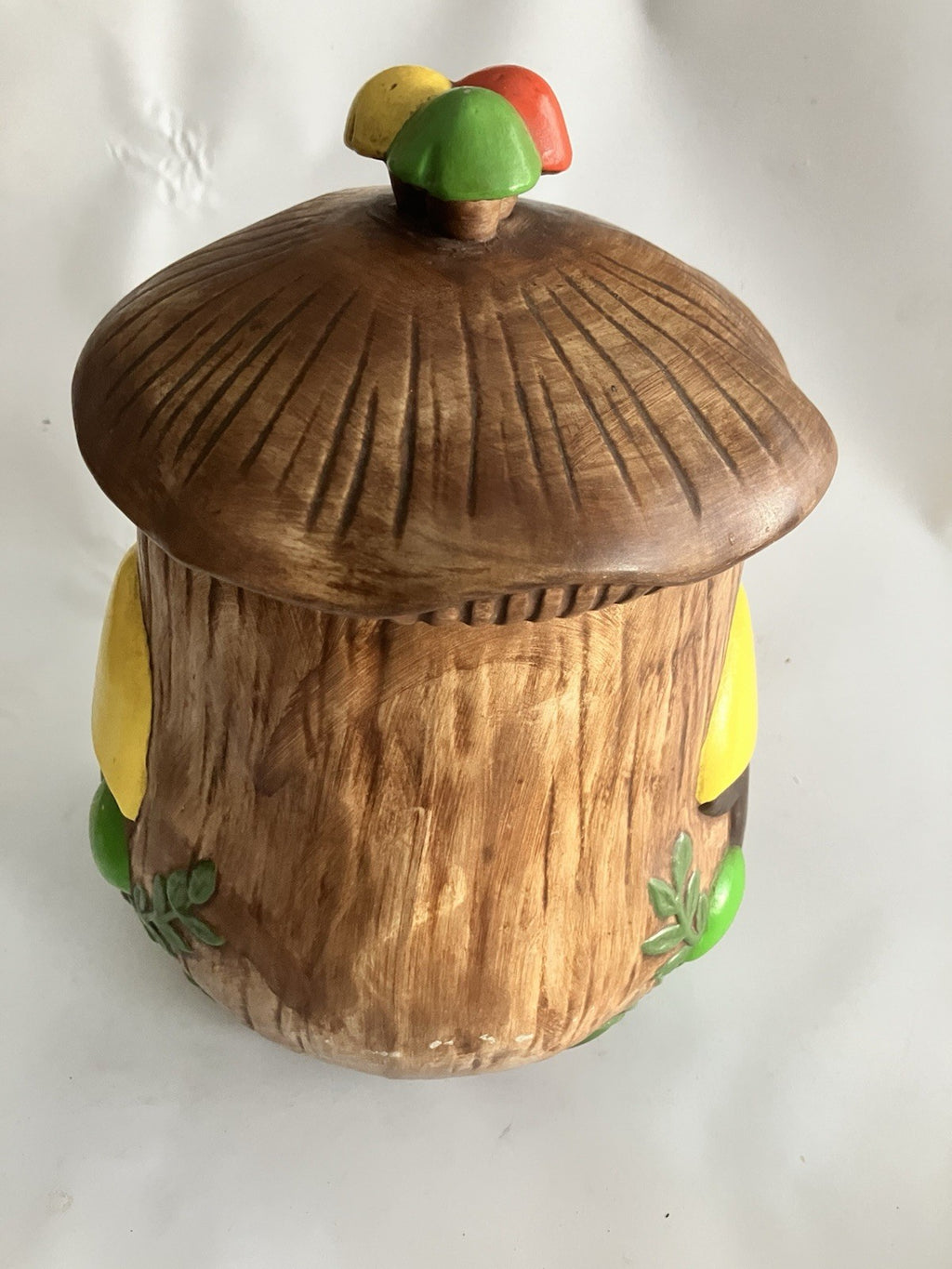 Vtg 1970’s Arnel’s Mushroom  Porcelain Canister / Cookie Jar. Brn, Red, Grn Ylw