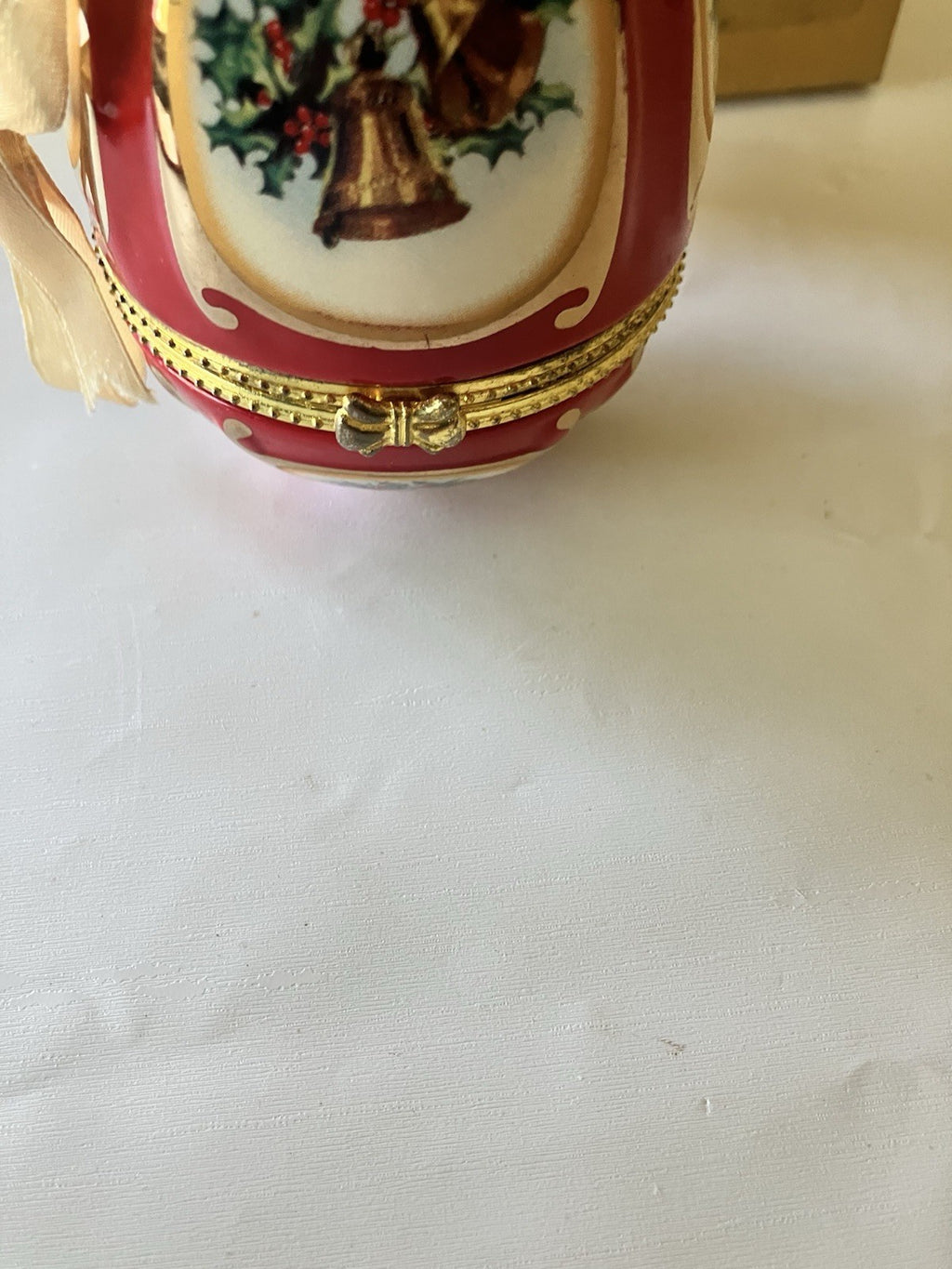 Vintage Christmas Musical Egg Ornament Red With Christmas Design; In Box