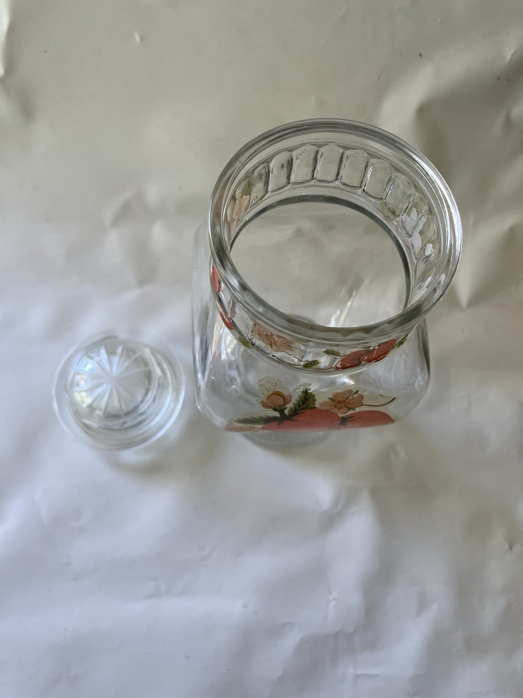 Vintage MCM 8” Tall Glass Jar With Strawberry Details And Lid