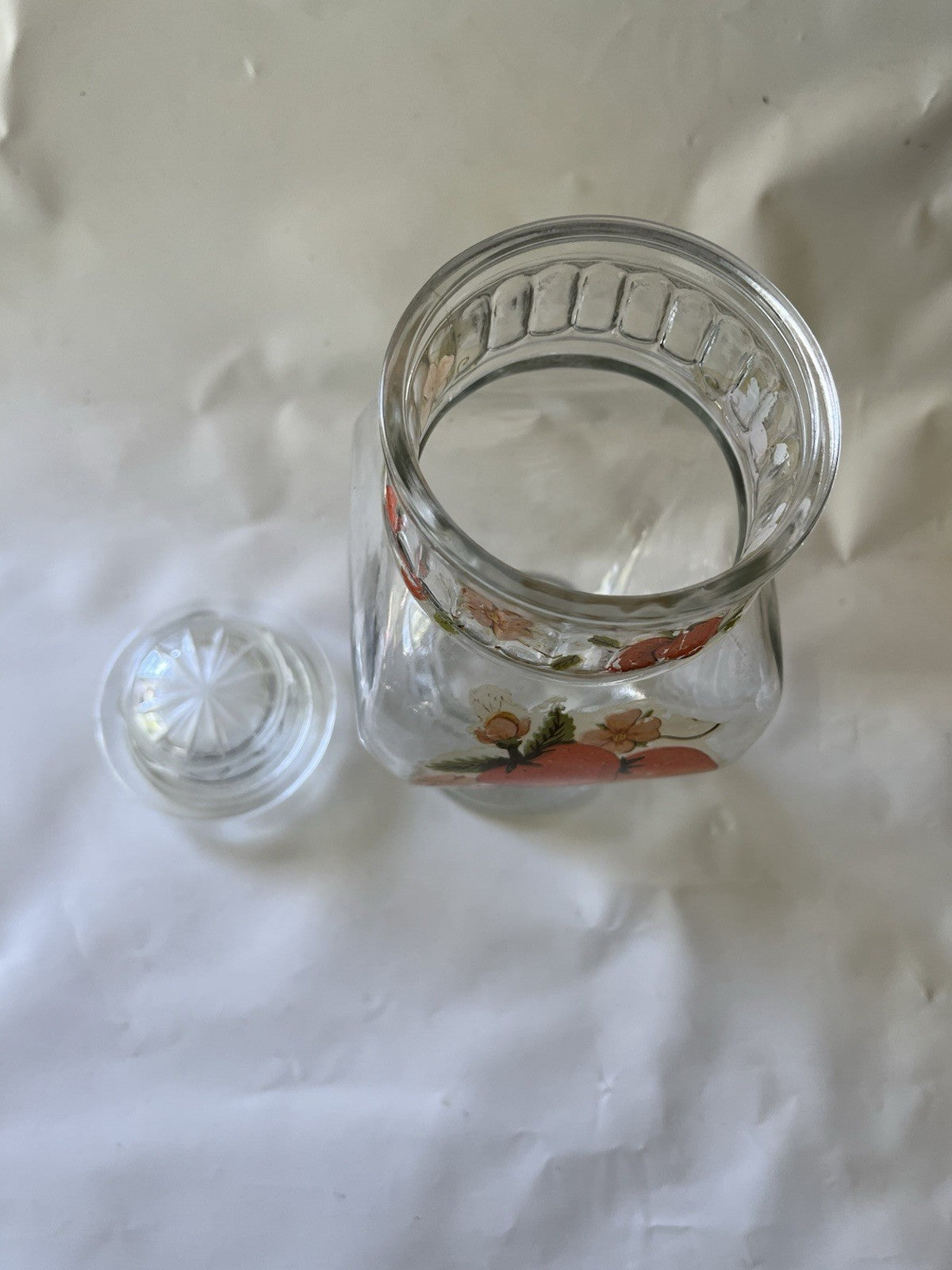 Vintage MCM 8” Tall Glass Jar With Strawberry Details And Lid