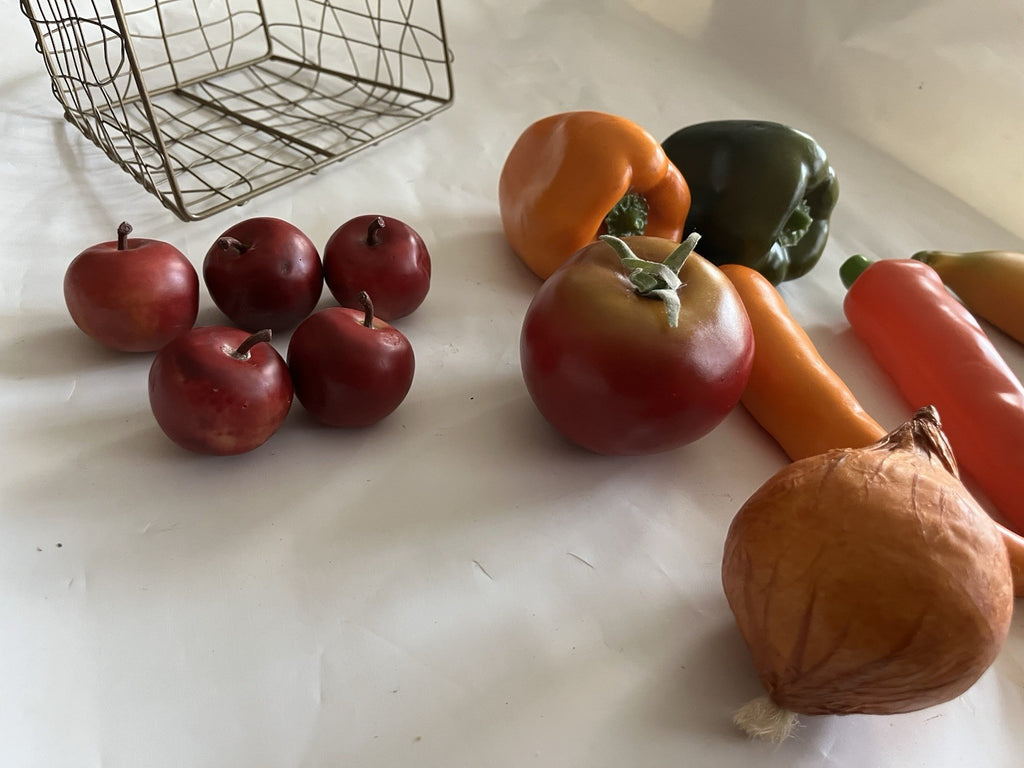 Vintage MCM Soft Faux Fruit & Vegetables In Wire 7x7x5” Basket