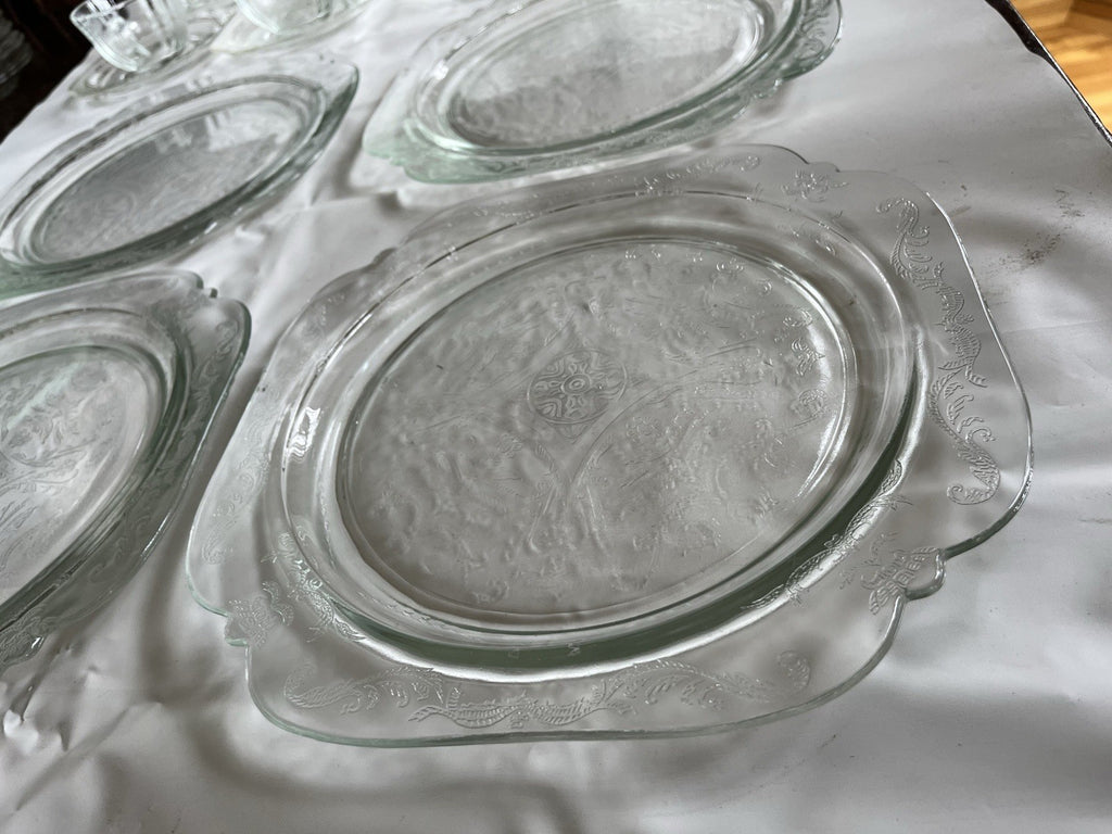 Federal Glass Clear Depression Etched Dinner Plates, Bowls, Cup/saucer 16 Piece