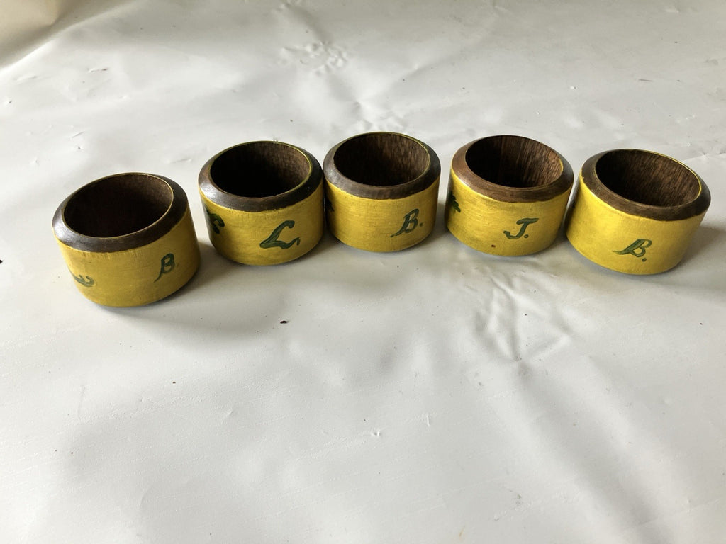 Vintage Wooden Hand Painted Yellow and Floral Napkin 5 Rings 