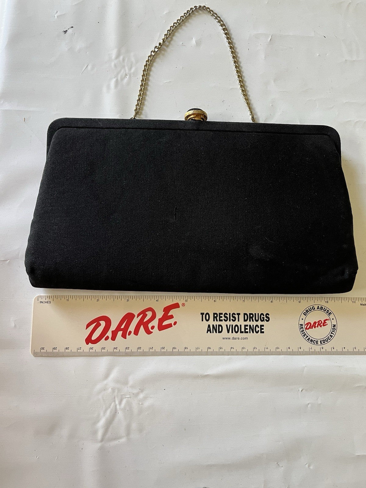 VTG Black Cloth Evening Bag/Clutch Gold Chain Strap Kiss Lock Closure MCM 1960s