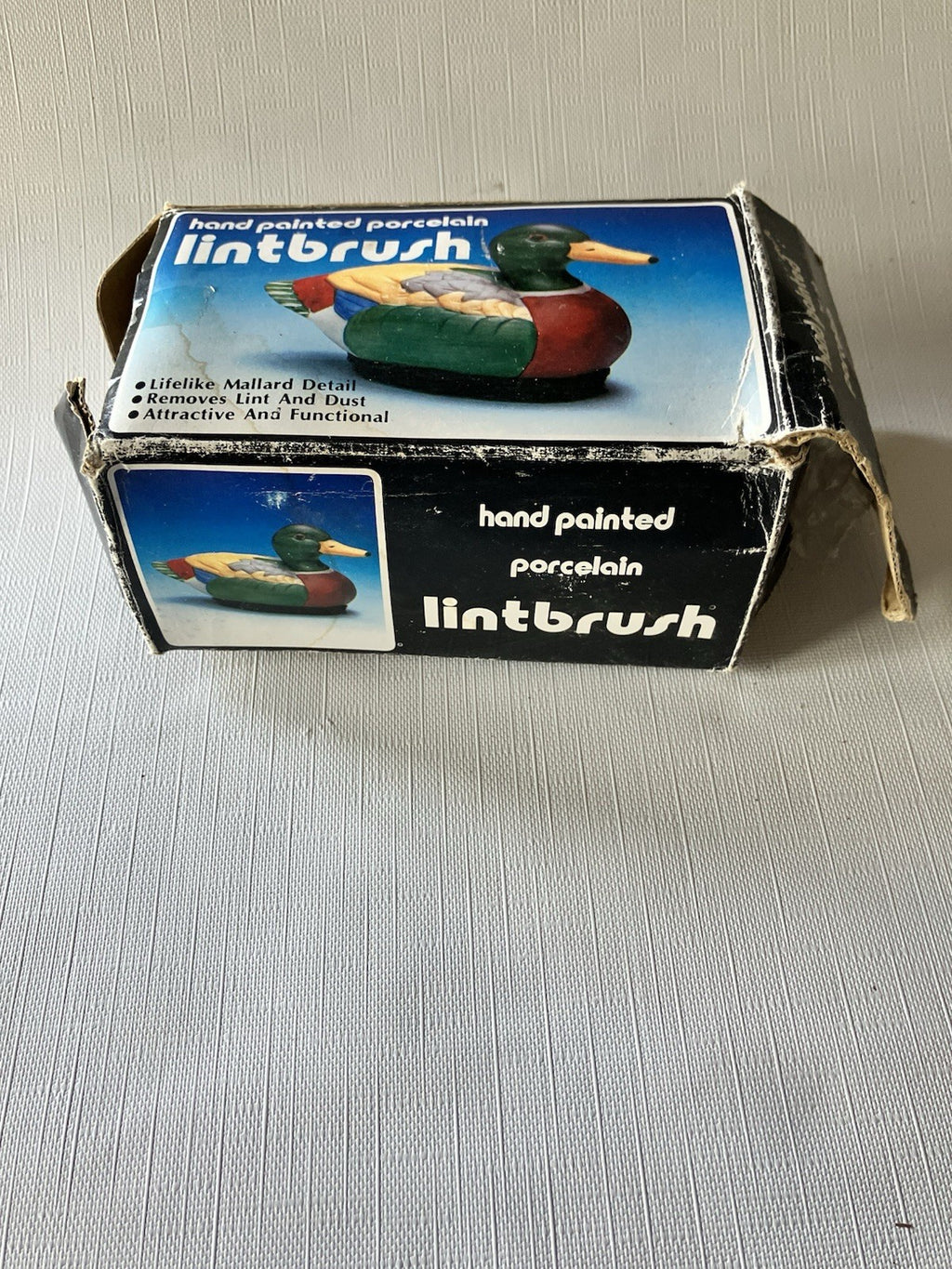 Vtg. Handpainted Porcelain Lifelike Detail Duck Mallard Lint Brush; Original Box
