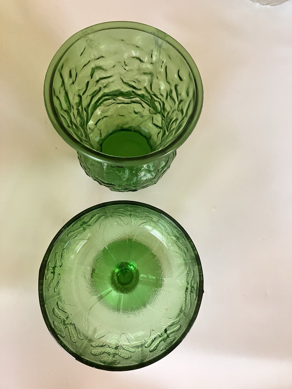 Vintage E.O. BRODY Crinkle Green Glass Flower Vases 8" And 5.5”