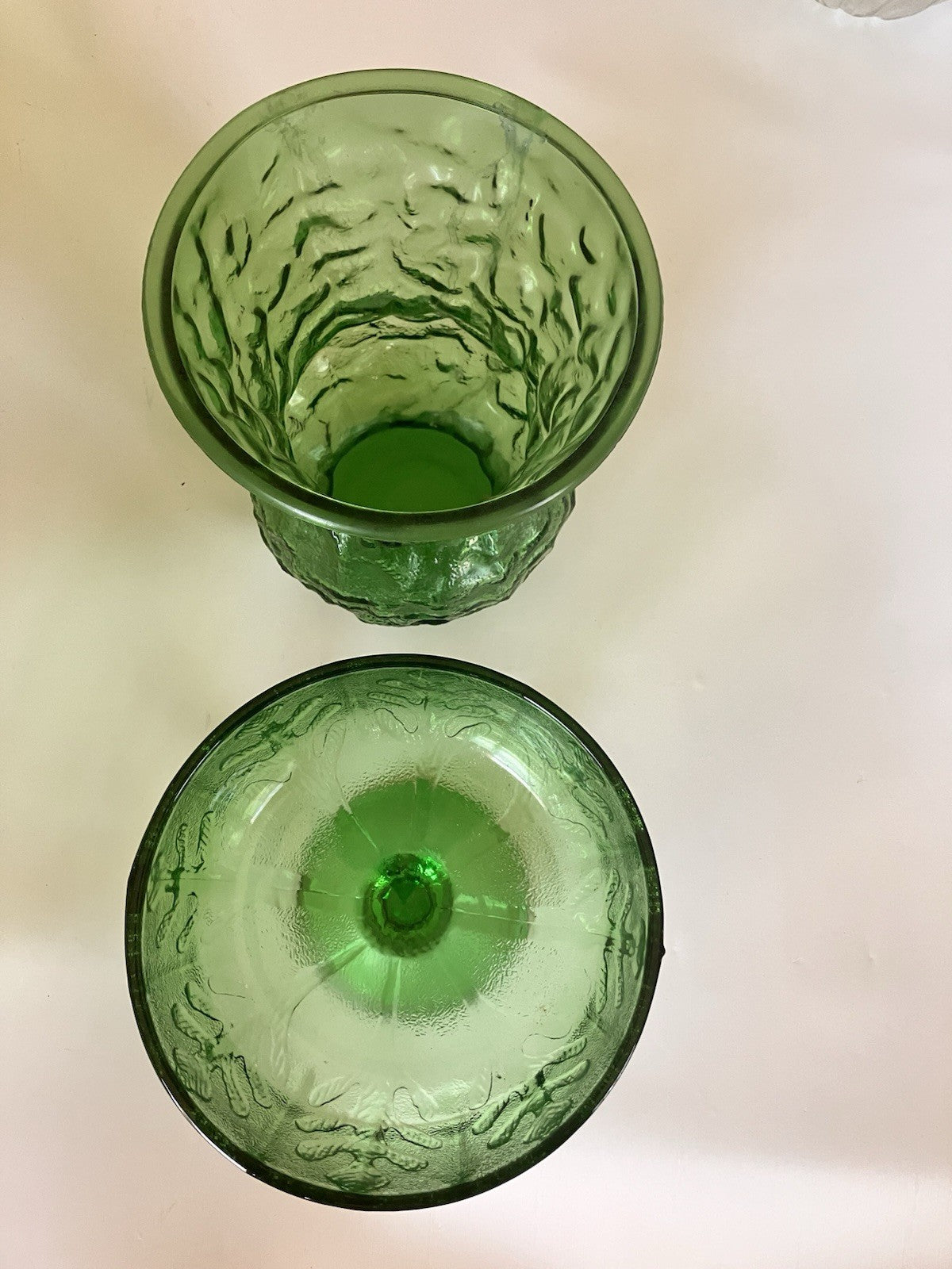 Vintage E.O. BRODY Crinkle Green Glass Flower Vases 8" And 5.5”